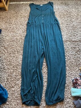 EARTHBOUND Teal Sleeveless V-Neck Wide-Leg Jumpsuit with Button Front